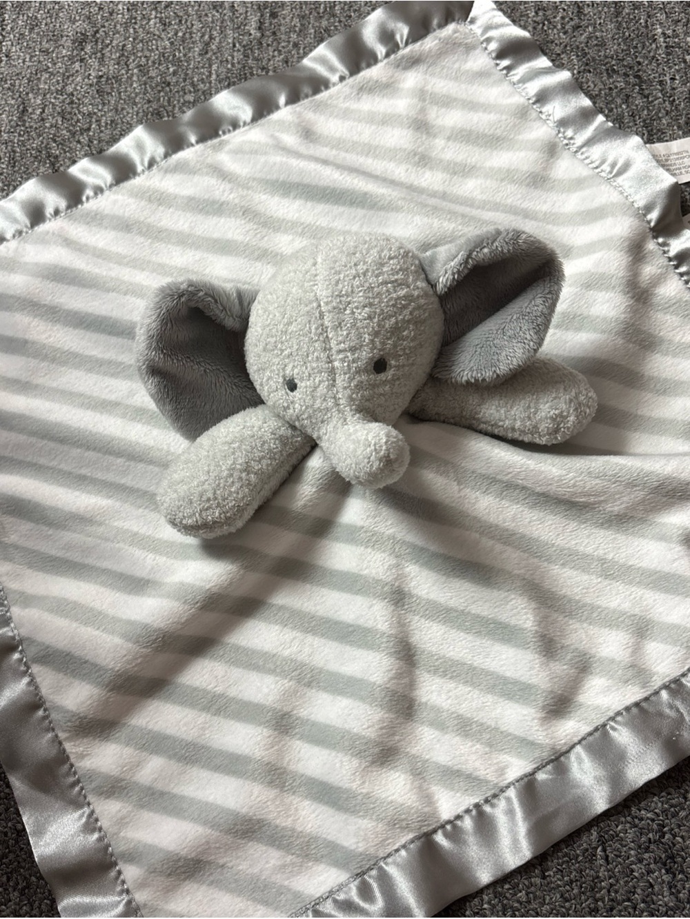 Cloud Island Elephant Blanket Lovey Plush Gray White Stripes soft satin trim